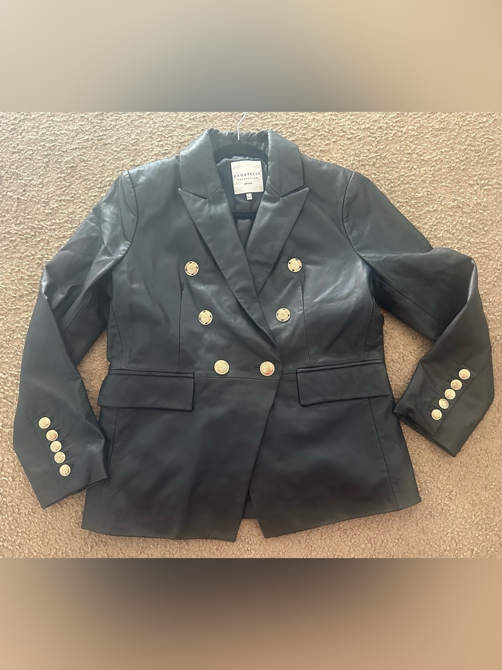 Bagatelle Collection Black Leather Double-Breasted Blazer Gold Button Size L